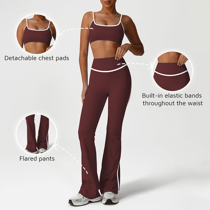 Quick-Drying Built-In Pads Bra + High-Waisted Flared Pants 2-Piece Set