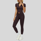 Slim-fit stand-up collar short-sleeved top+Pleated waistband sport leggings 2-piece set