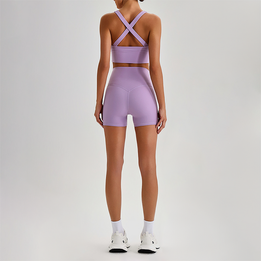 Wholesale Cross-Back Sports Bra & High-Waist Biker Shorts Set – Naked-Feel Quick-Dry Yoga 2-Piece