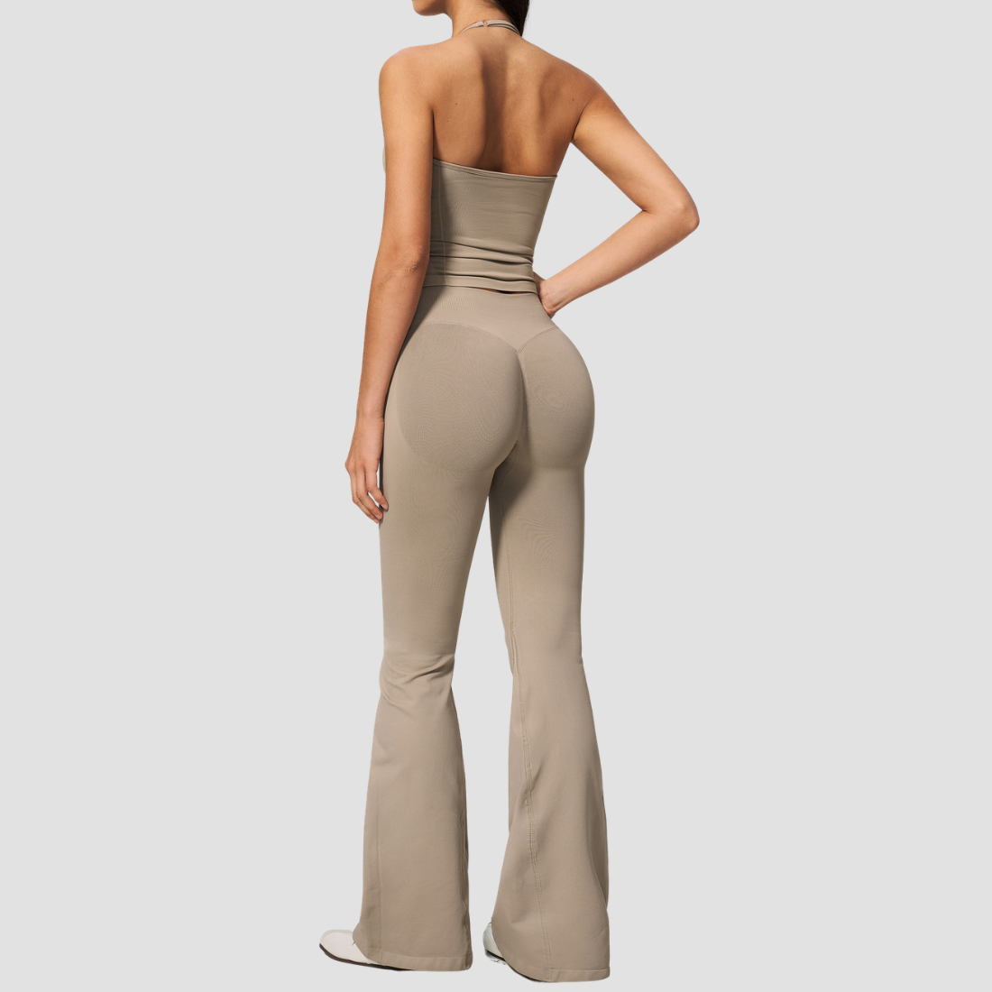 Wholesale Women's Seamless Yoga Set: Strappy Tank Top & Flare Pants – High-Stretch w/ Chest Pad