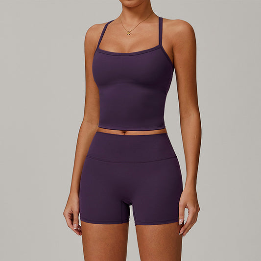 Tapa del tanque de yoga de cruz cepillado + pantalones cortos de cintura alta de 2 piezas