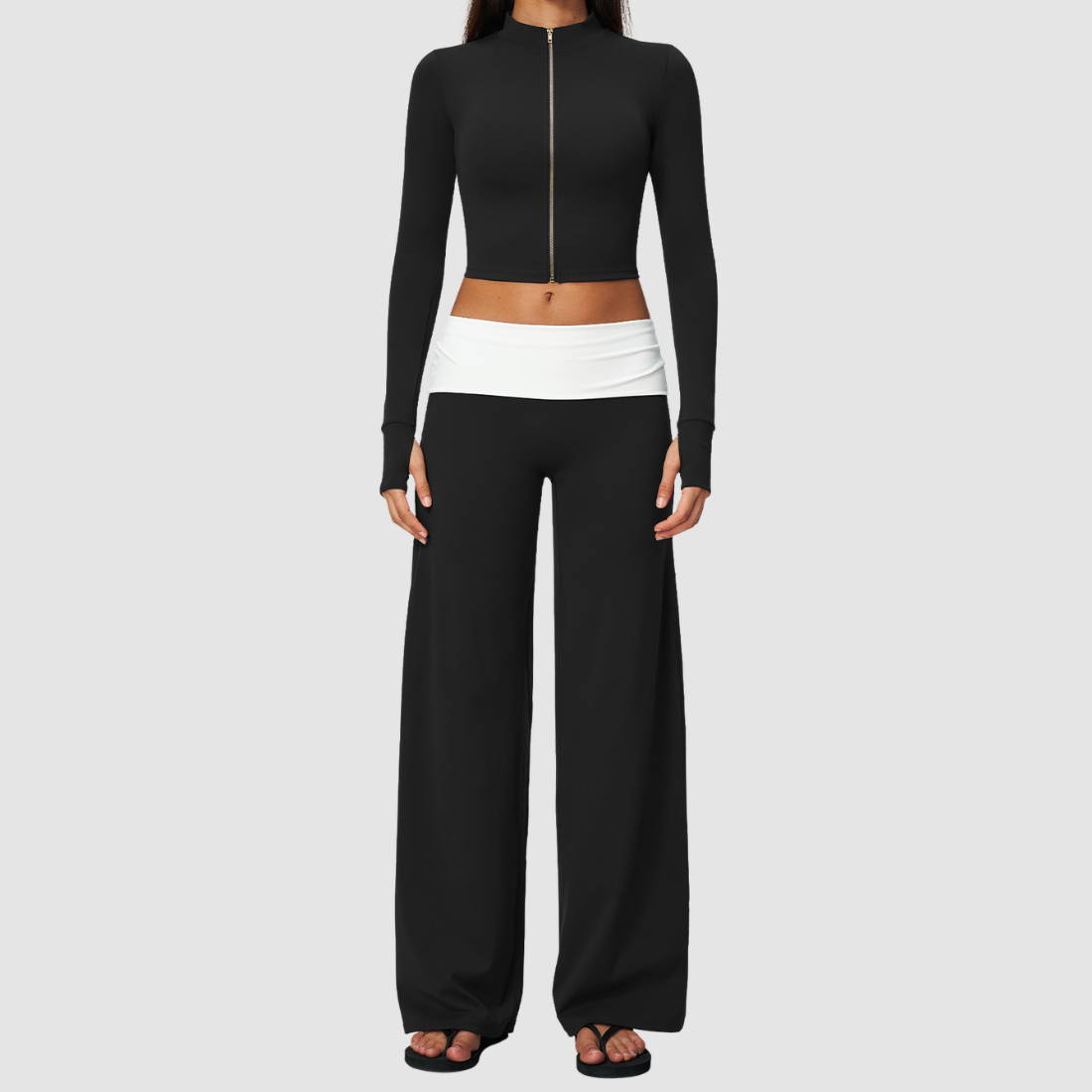 Wholesale Women’s Stand-Collar Zip Jacket & Flared Yoga Pants Set