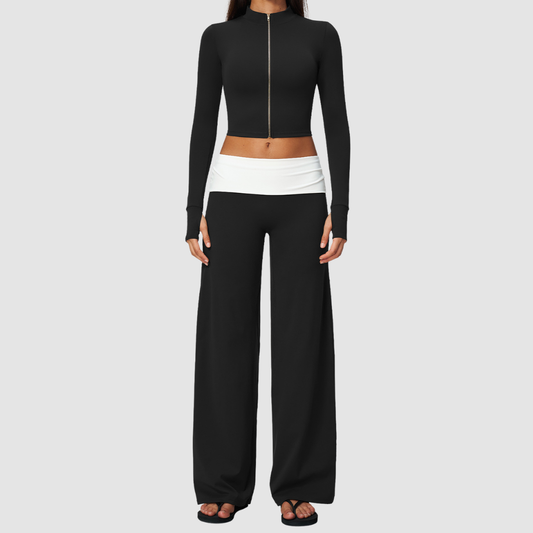 Wholesale Women’s Stand-Collar Zip Jacket & Flared Yoga Pants Set