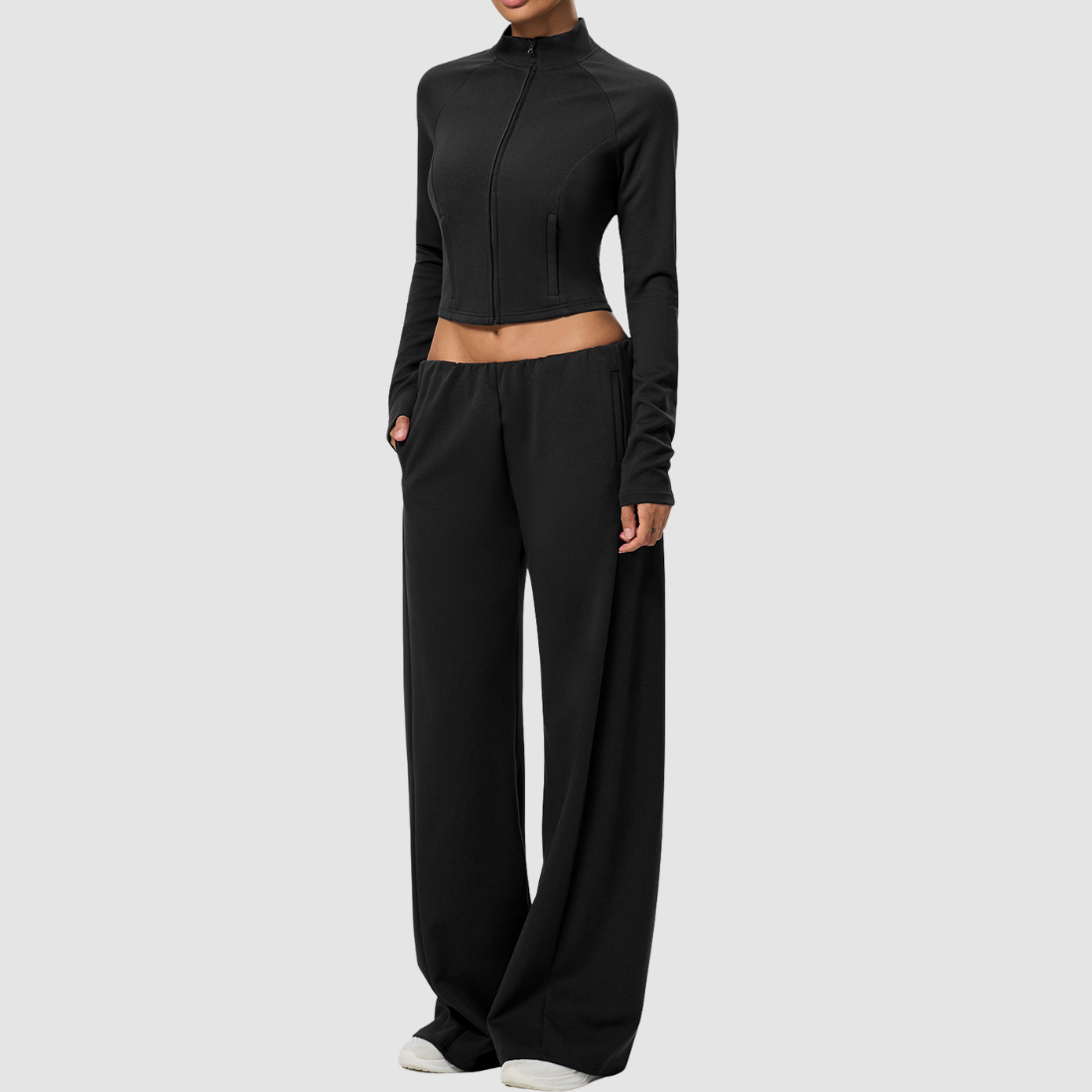 Wholesale Women's Activewear Cotton Stand-Collar Zip-Up Jacket & Wide-Leg Pants Warm Set
