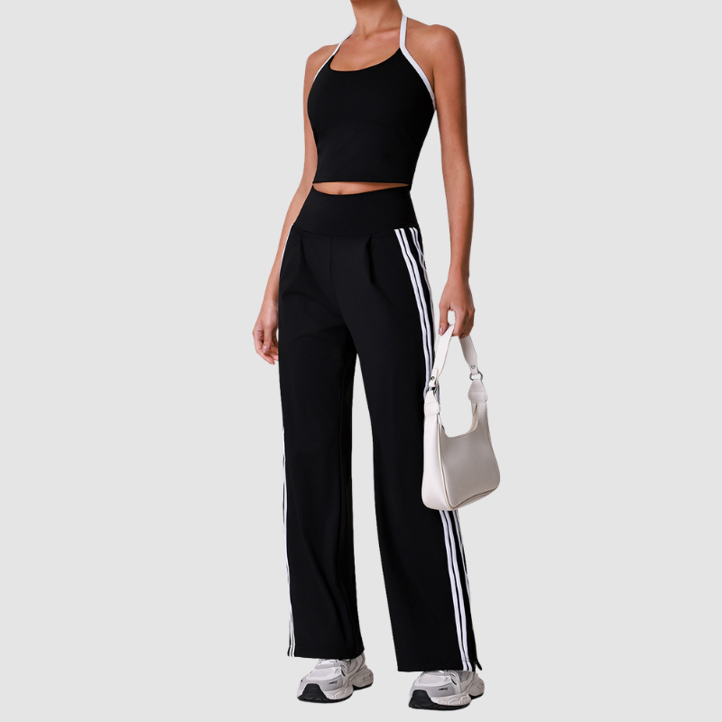 Wholesale Women's Striped Yoga Tank Top + High-Waist Wide-Leg Pants Set – Built-In Bra Pad Gym Fitness Set