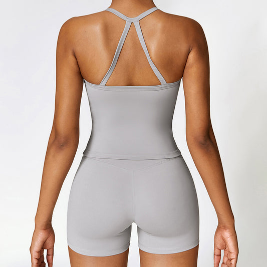 Tapa del tanque de yoga de cruz cepillado + pantalones cortos de cintura alta de 2 piezas