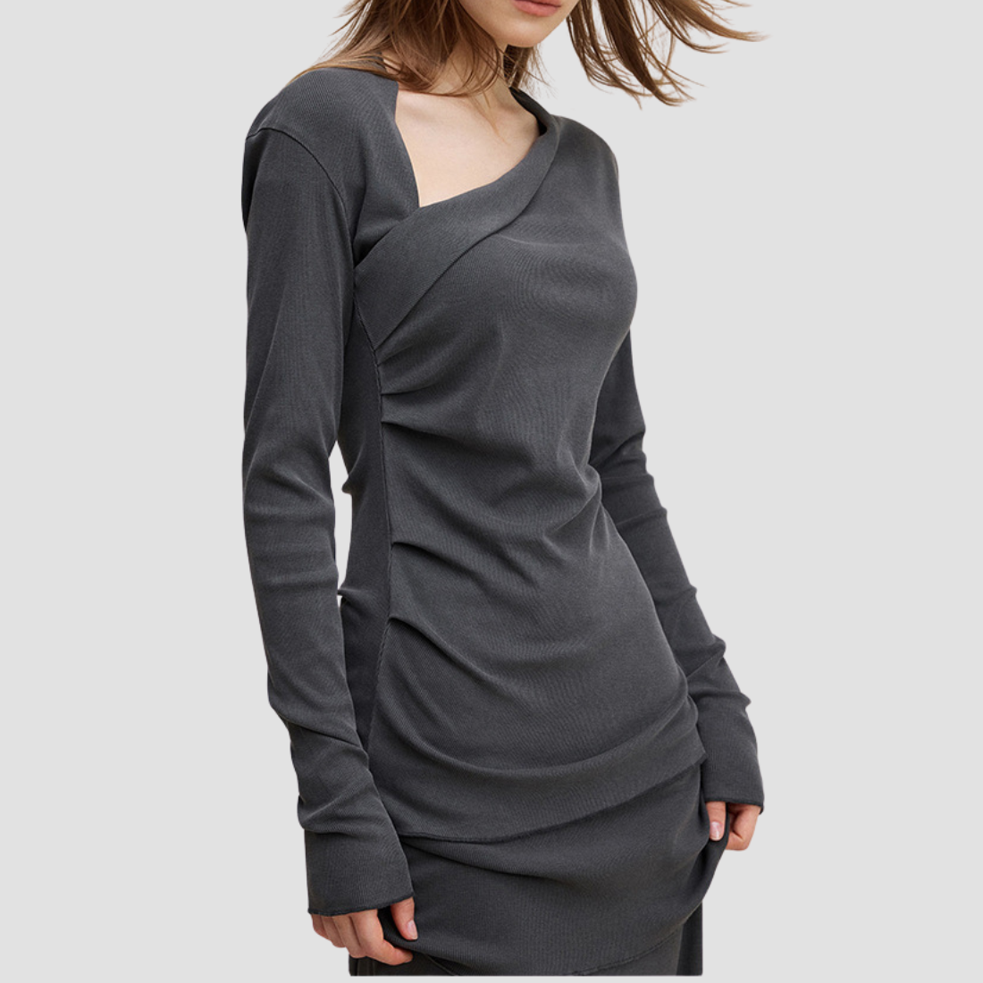 Wholesale Women’s Asymmetric Neck Streetwear Top & Shoulder Wrap – Washed Long Sleeve