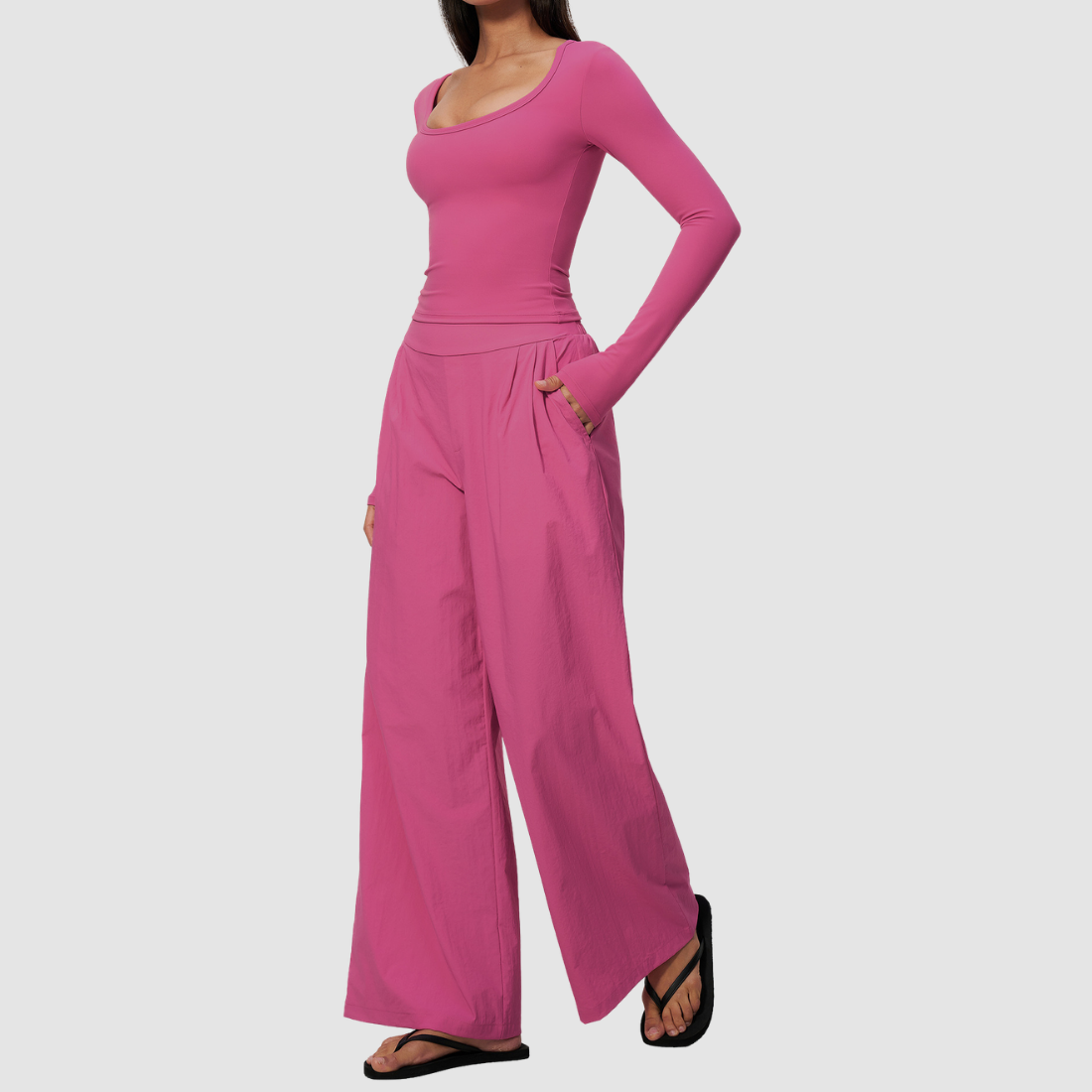 Wholesale Women's Brushed V-Neck Long Sleeve Top & Wide-Leg Pants Yoga Set