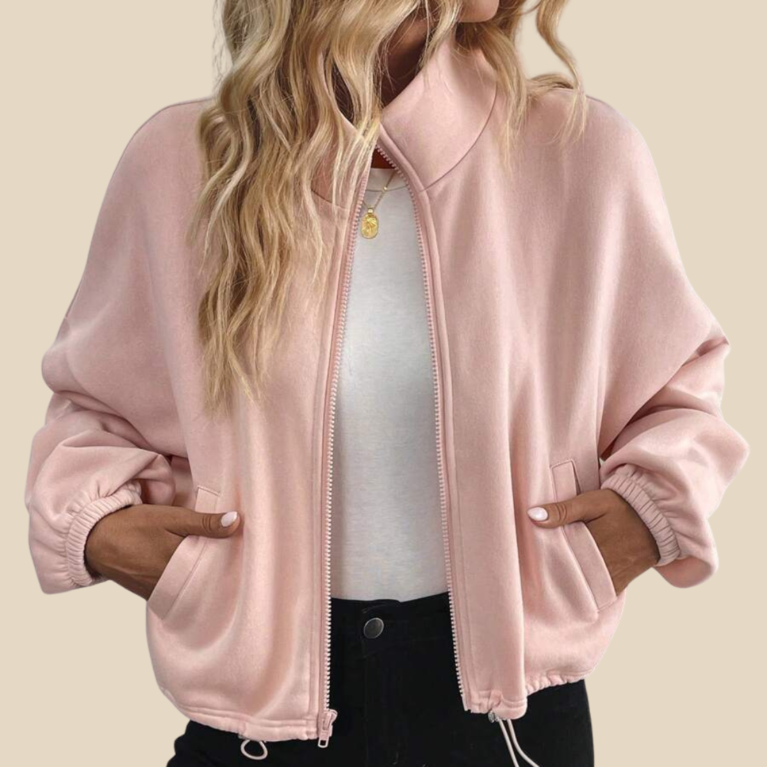 [Women's Casual Activewear] Fleece-Lined Stand-Collar Zip Jacket