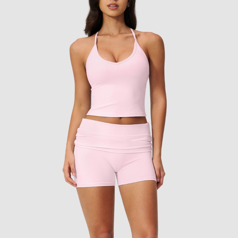 Wholesale women's brushed vest and fold-over hip-lifting shorts set