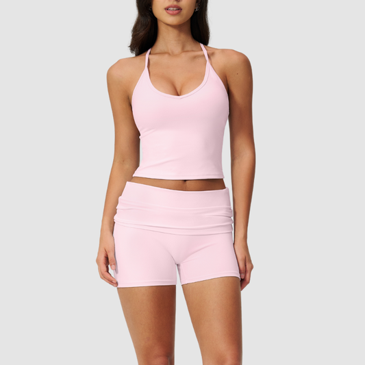 Wholesale women's brushed vest and fold-over hip-lifting shorts set