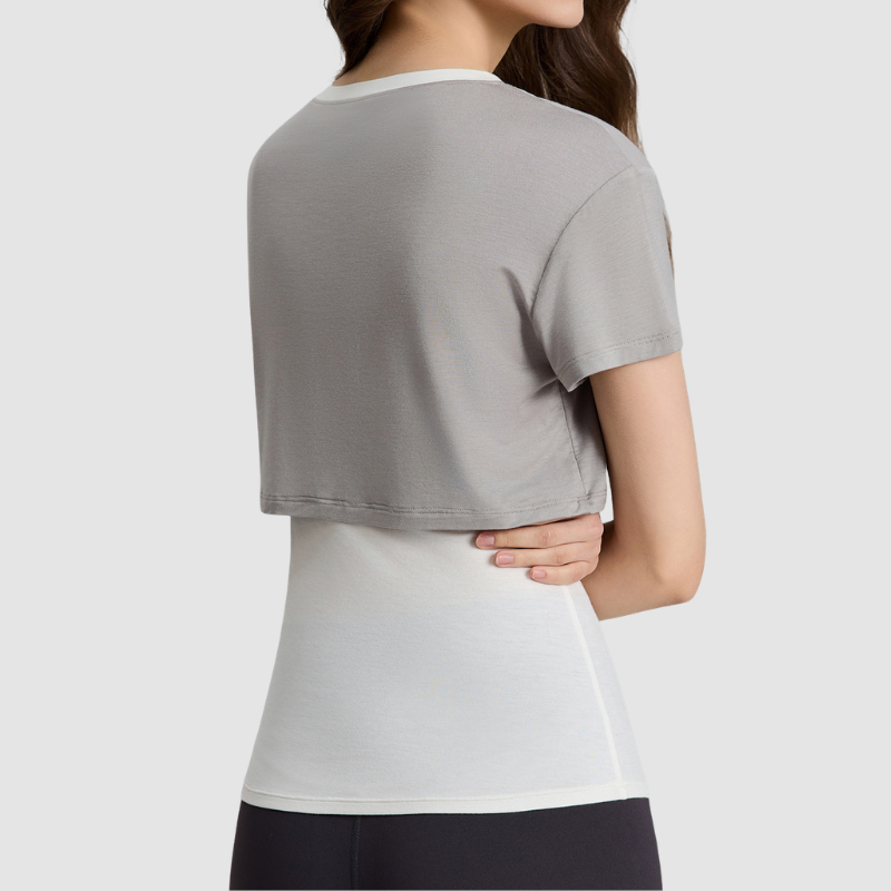 Wholesale Women's Color-Block Faux Two-Piece Yoga Short-Sleeve Top