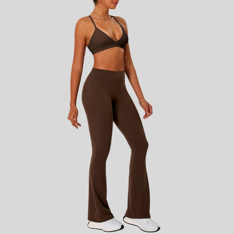 Strap sports bra+High-waisted flared pants 2-piece set