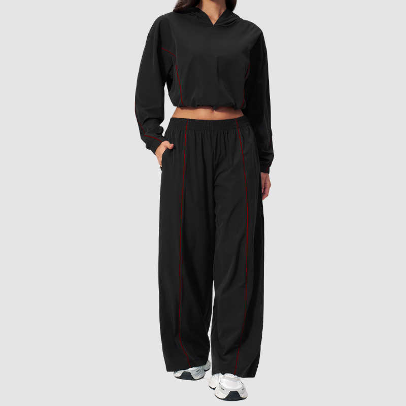 Wholesale Women's UPF50+ Sun Protection Hoodie Jacket + Wide-Leg Pants Set – Colorblock Outdoor Running Sportswear
