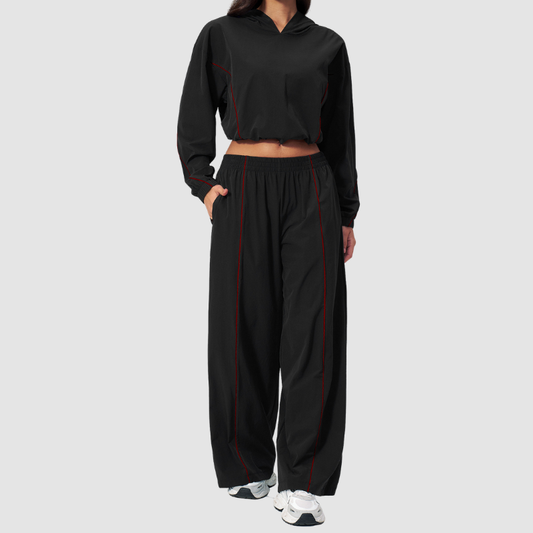 Wholesale Women's UPF50+ Sun Protection Hoodie Jacket + Wide-Leg Pants Set – Colorblock Outdoor Running Sportswear