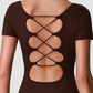 Wholesale Women's Cut-Out Open Back Short Sleeve Yoga Bodysuit – Built-In Bra Pad Gym Fitness One-Piece