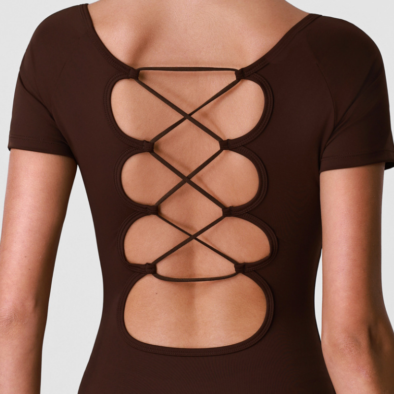 Wholesale Women's Cut-Out Open Back Short Sleeve Yoga Bodysuit – Built-In Bra Pad Gym Fitness One-Piece