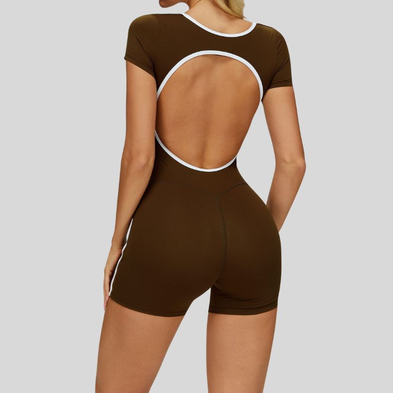 Contrasting backless yoga bodysuit.