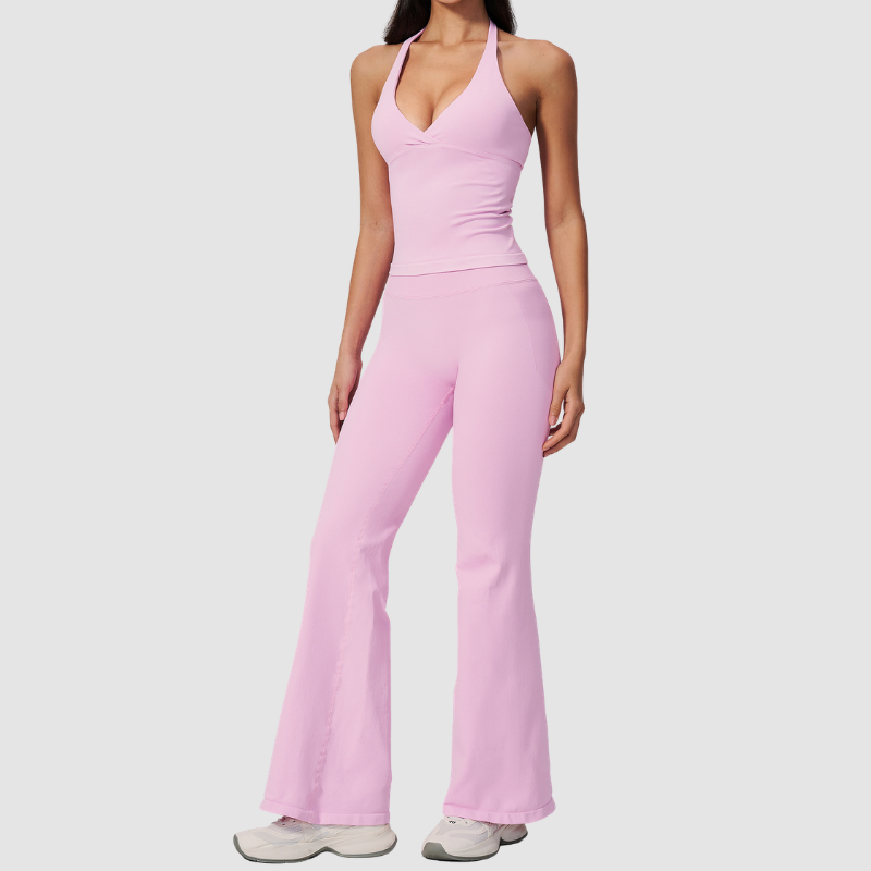 Wholesale Women's V-Neck Halter Sports Bra & Flare Pants Set – Seamless Ribbed Yoga Activewear