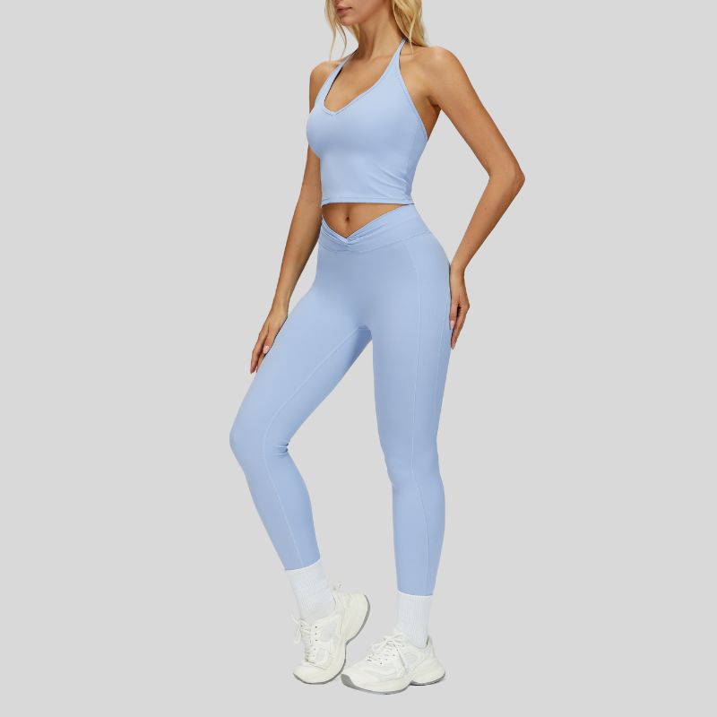 Removable Bra Pad Tank top+Pleated waistband sport leggings 2-piece set