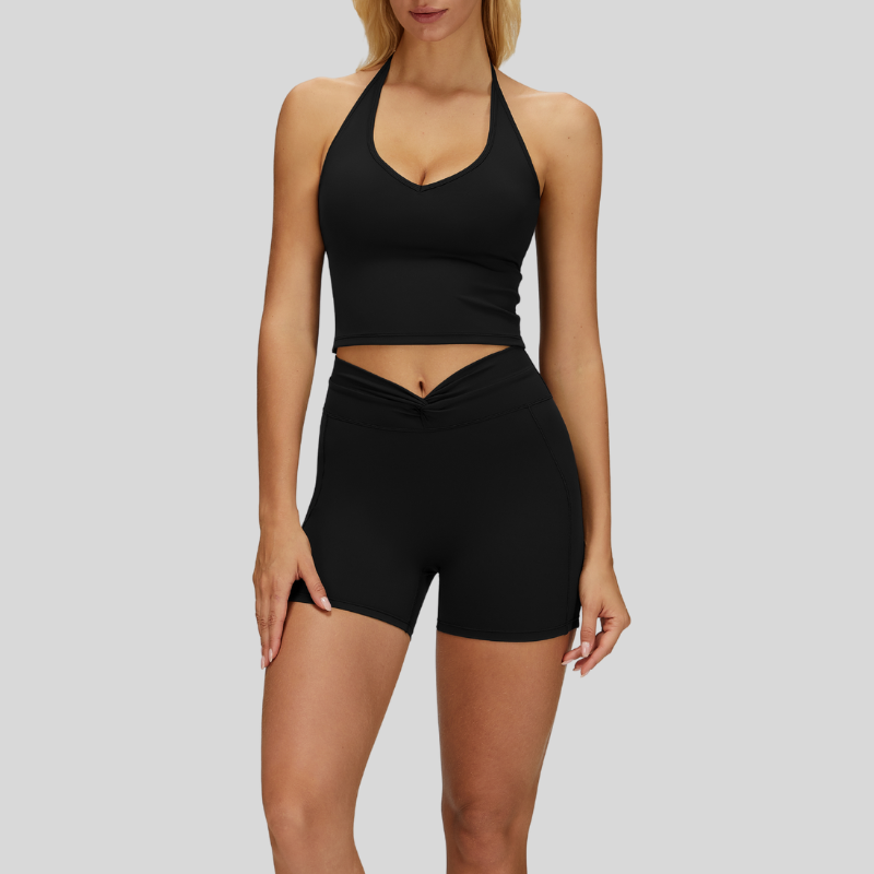 Removable Bra Pad Tank top+Pleated waistband sport shorts 2-piece set