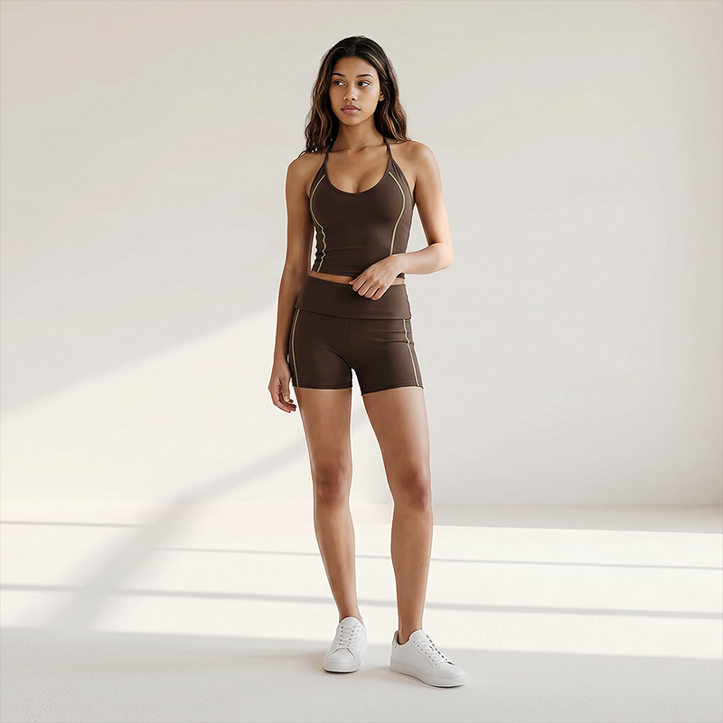 Wholesale Women's Halter V-Neck Color-Block Slim-Fit Sports Bra & Shorts Yoga Set