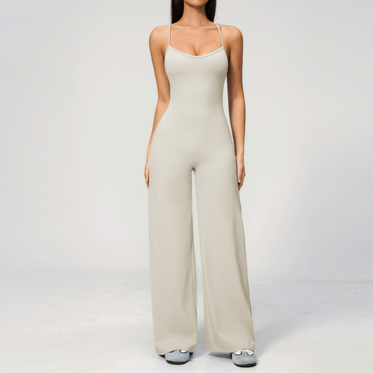 Wholesale Women's Brushed Yoga Jumpsuit – Cross Back Wide-Leg Athletic Bodysuit w/ Chest Pad