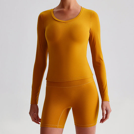 Long sleeve sports top + High-waist shorts 2-piece set