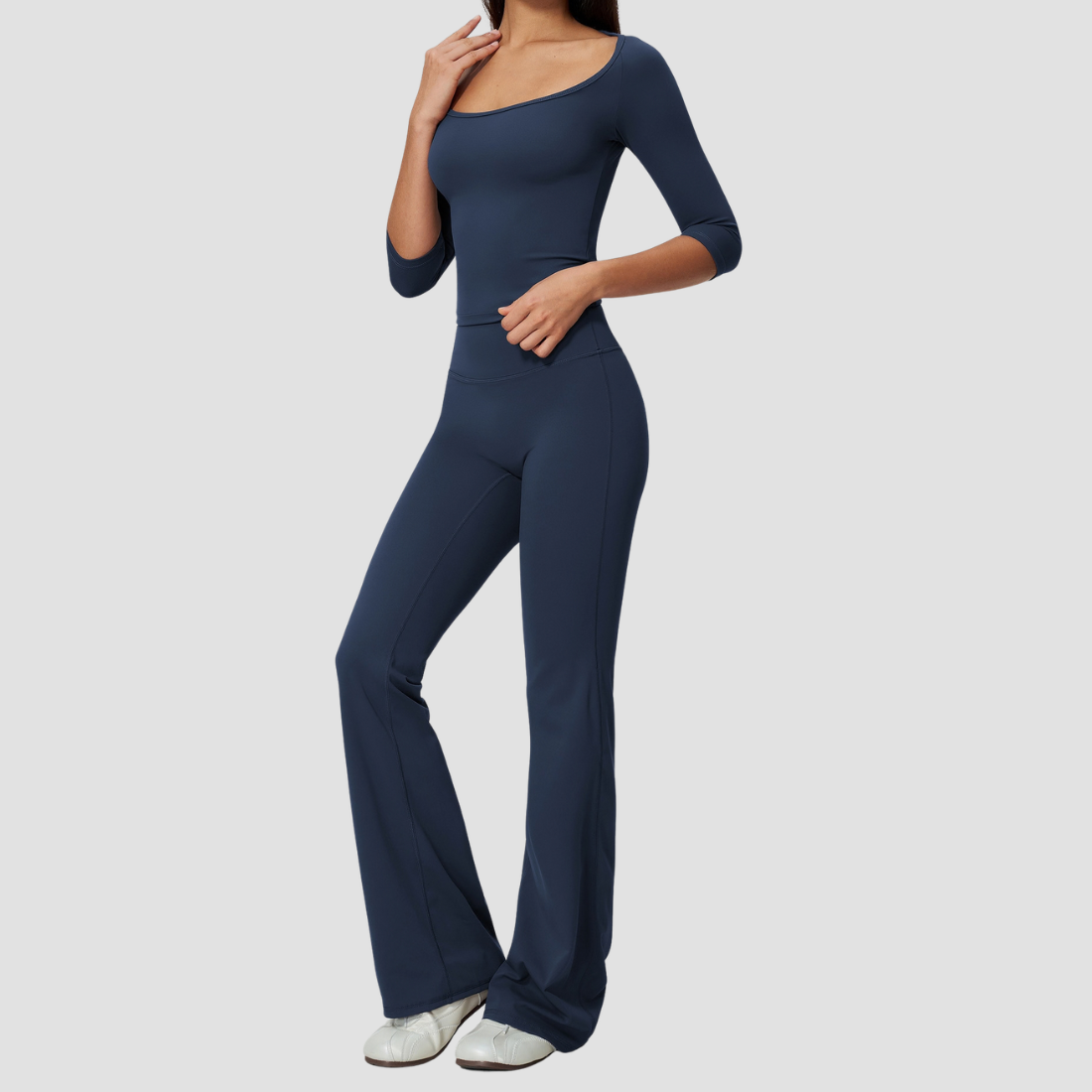 Wholesale Women's Round Neck Mid-Sleeve Tops + Flare Pants Yoga Set