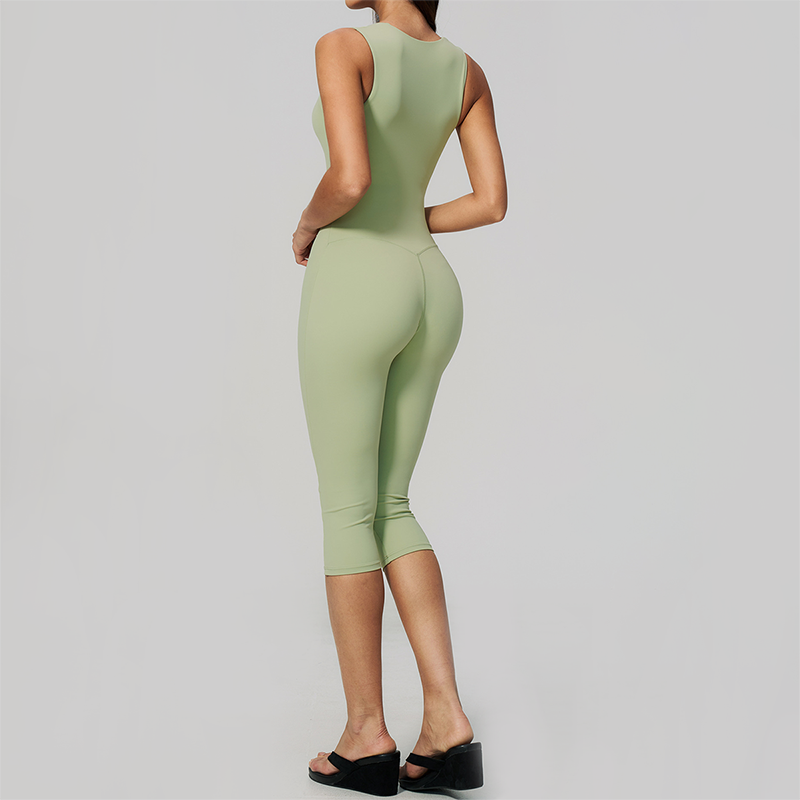 Wholesale Women's Bare-Feel Square Neck Yoga Jumpsuit with Chest Pad & Capri Shorts