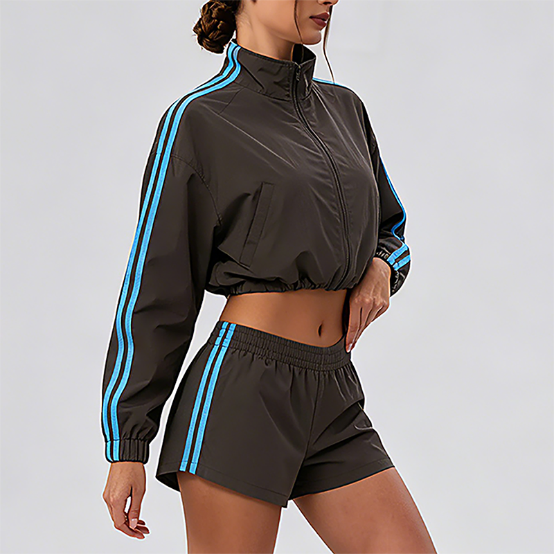 Wholesale Zebra striped zip-up long-sleeved jacket + high-waisted athletic shorts (Pre-sale)