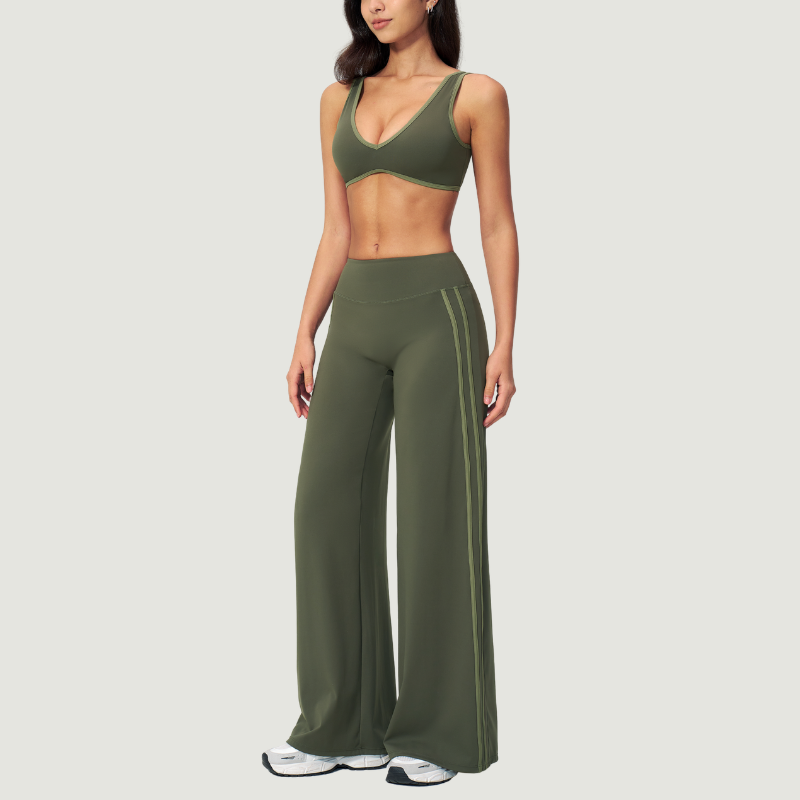 Nude-feel deep V bra + high waist + high-waisted color-blocked pants 2-piece set