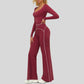 Color-blocked long-sleeved sports top+ High-waisted wide-leg pants 2-piece set