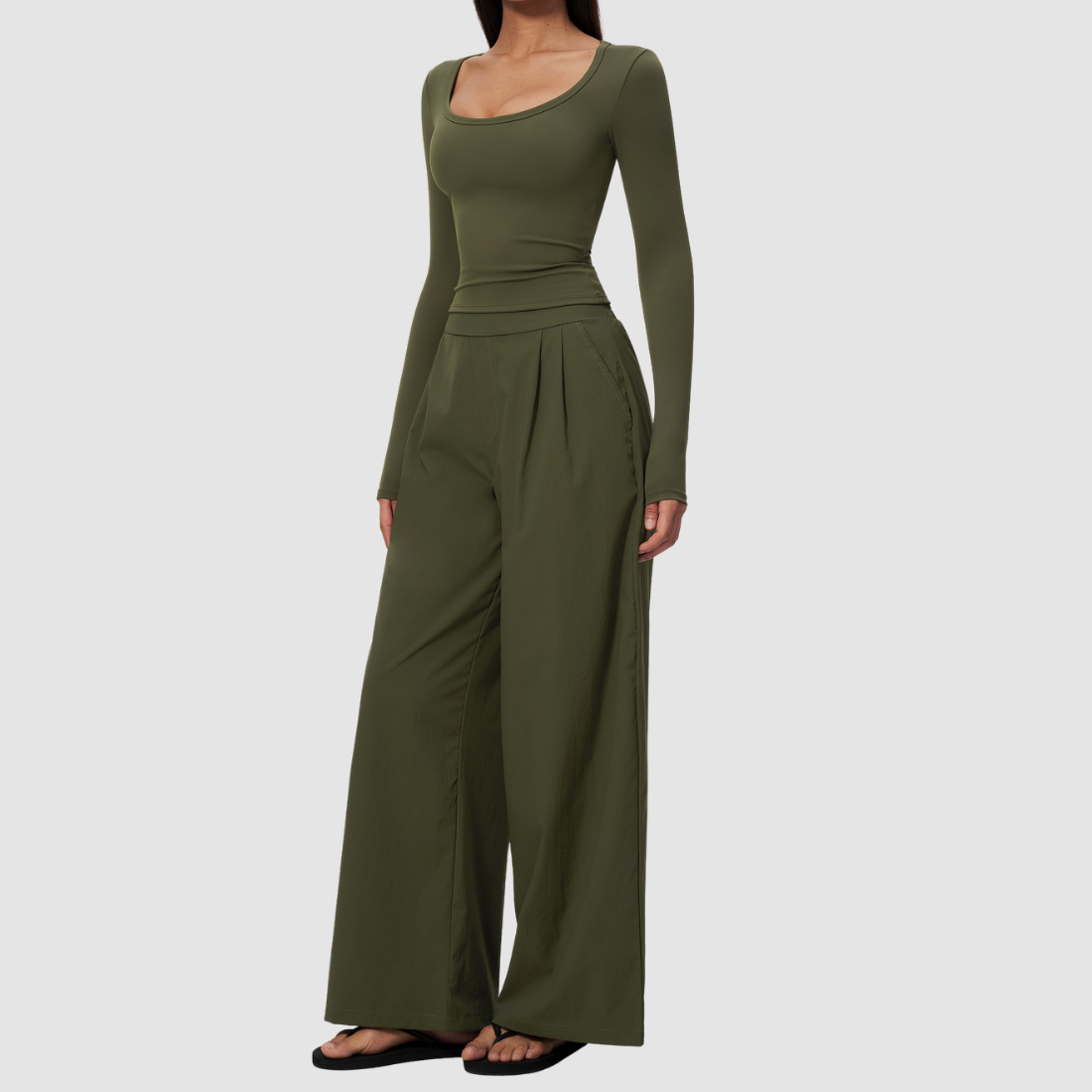 Wholesale Women's Brushed V-Neck Long Sleeve Top & Wide-Leg Pants Yoga Set