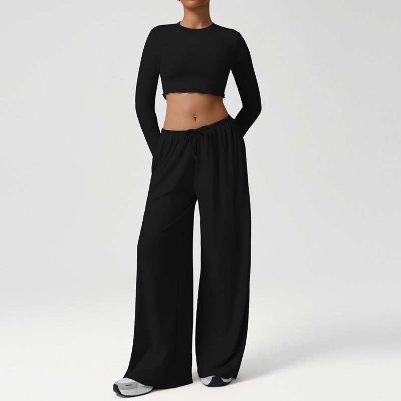 Snug-Fit Cropped Long Sleeves + Loose Drawstring Wide-Leg Pants 2-Piece Set