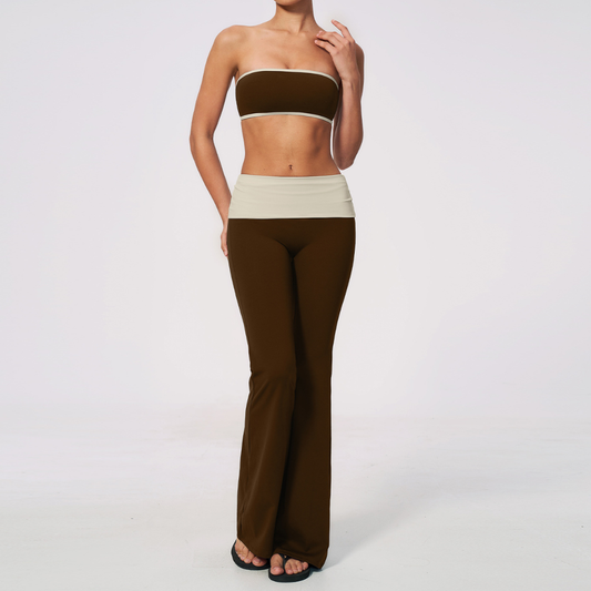 Wholesale Bandeau Contrast Color Flared Yoga Set – Tummy Control Fitness Outfit