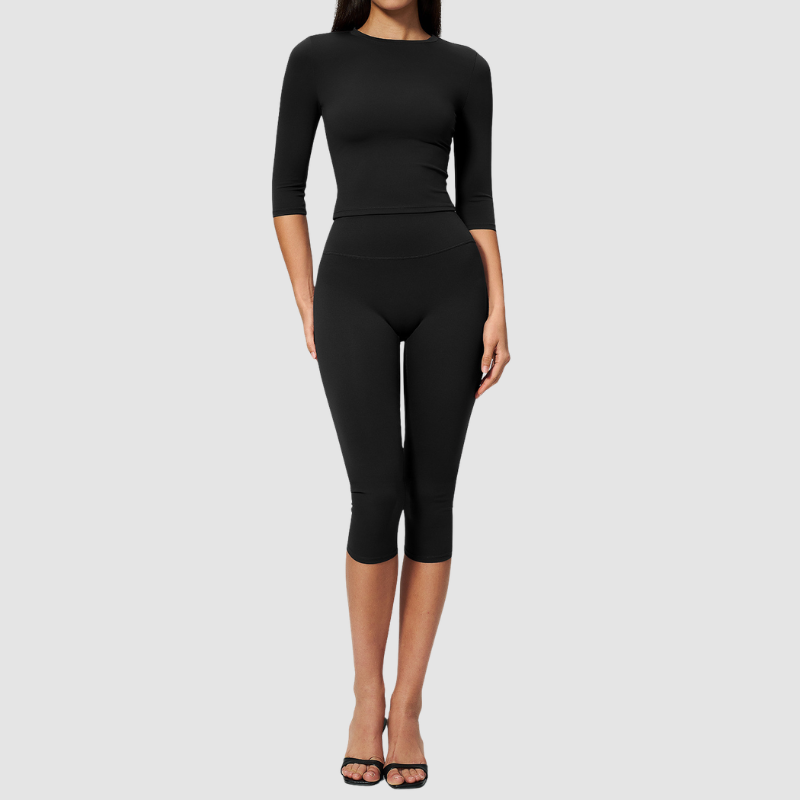 Wholesale Women's 3/4 Sleeve Crop Top & High-waisted Mid-Length Leggings Set