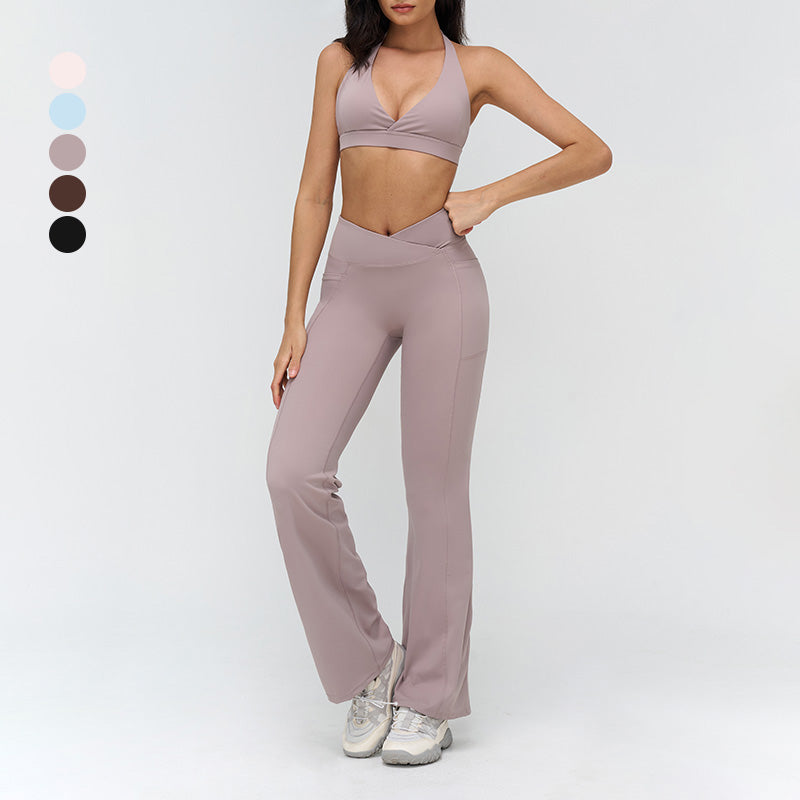 Halterneck backless bra + Flared pants 2-piece set