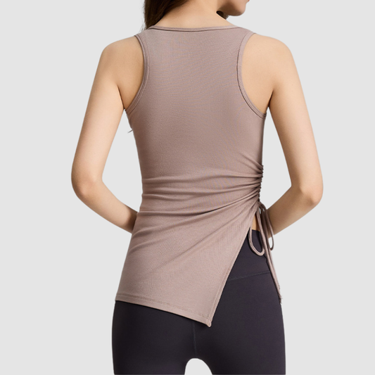 Wholesale Women's Ribbed Yoga Tank Top with Drawstring Hem & Side Slit – TX309