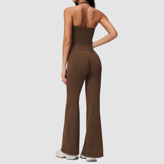 Wholesale Women's V-Neck Halter Sports Bra & Flare Pants Set – Seamless Ribbed Yoga Activewear