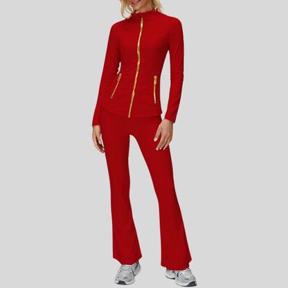 High-Waist Flare Legging with Stand Collar Jacket Set