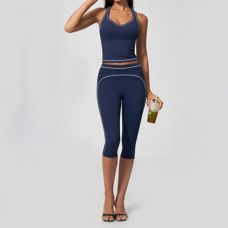 Wholesale Women's Colorblock Brushed Yoga Set: Halter V-Neck Top & Capri Pants