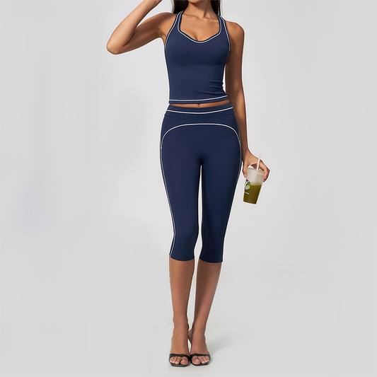 Wholesale Women's Colorblock Brushed Yoga Set: Halter V-Neck Top & Capri Pants