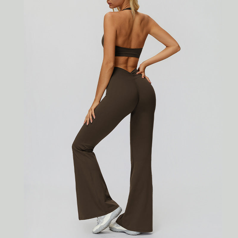 Halter sports bra+High waisted flared pants 2-piece set