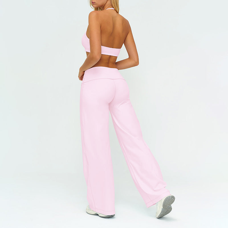 V-neck backless sports bra + high-waisted loose wide-leg pants 2-piece set