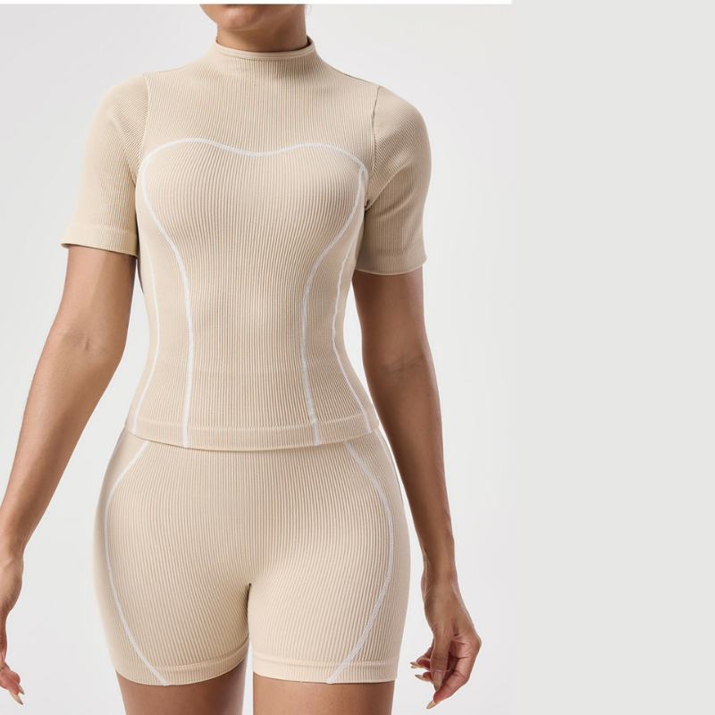 Backless high-neck short-sleeve top and shorts two-piece set