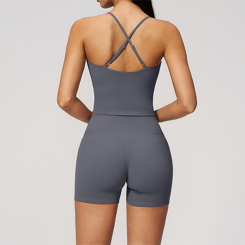 Wholesale Women's Cross-Back High Waist Yoga Set Sports Bra & Shorts with Chest Pad