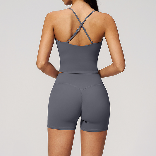 Wholesale Women's Cross-Back High Waist Yoga Set Sports Bra & Shorts with Chest Pad