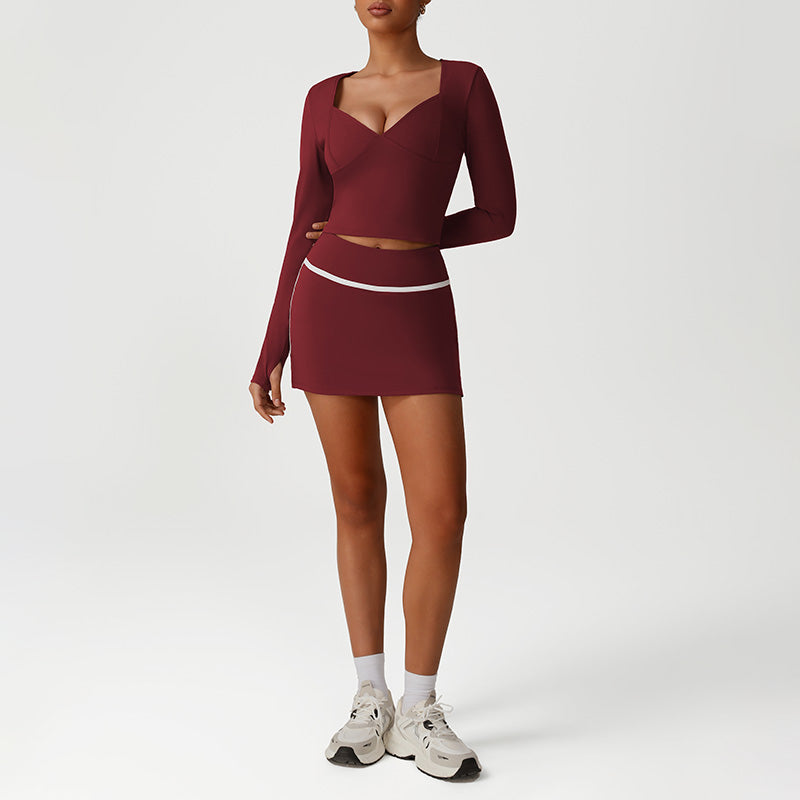 Snug-Fit Low-Cut Long Sleeves + Elastic Waistband Skirt 2-Piece Set