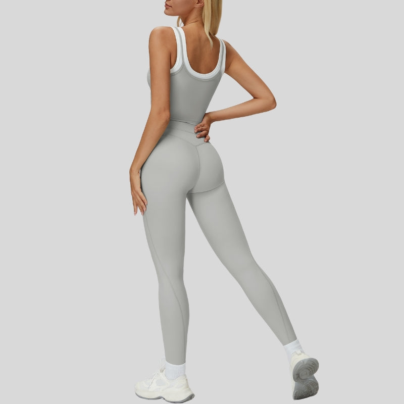 Two-piece contrasting sports tank top+sports leggings 2-piece set